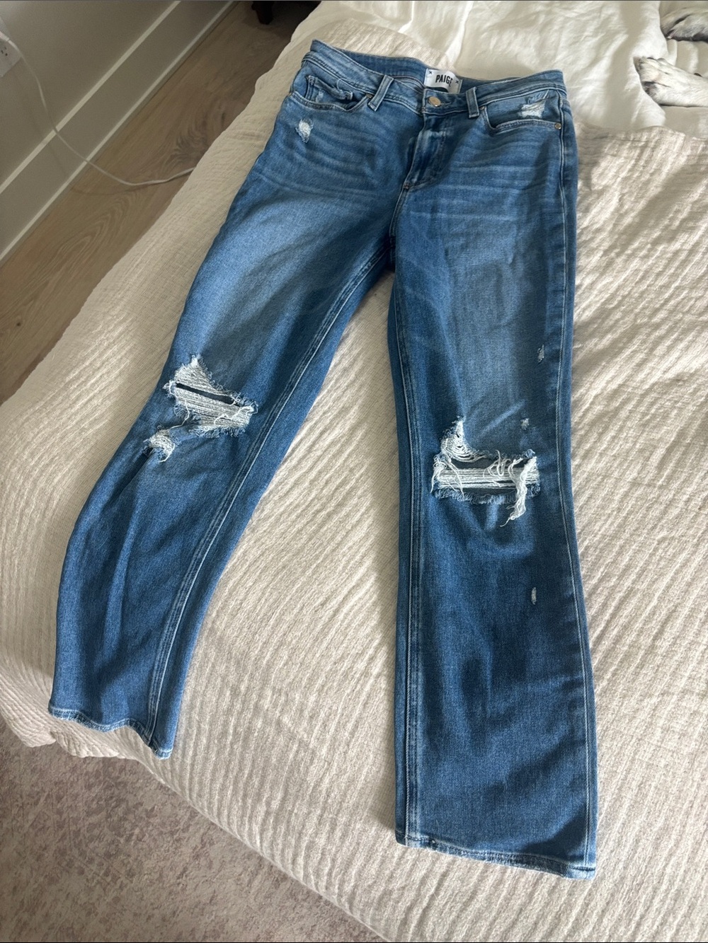 PAIGE Distressed Cropped Straight-Leg Jeans in Blue